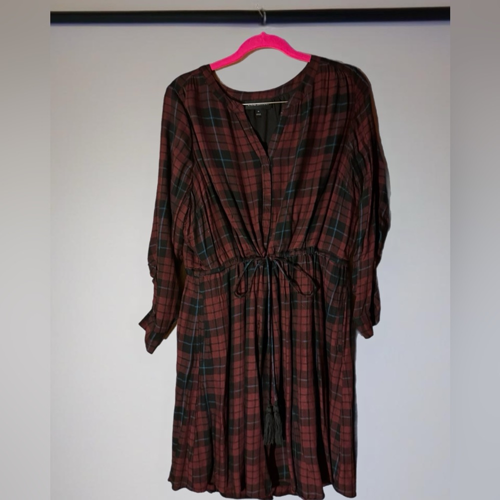 Lane Bryant Blue/Black Plaid Dress Cinched Waist Long Sleeve w/ Pockets, Size 18